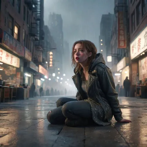 full figure, croutched up on the floor, terrified, alone, scared, realistic, highly detailed, intricately detailed, dystopian cityscape, foggy, (bokeh:0.6), sharp focus, dappled lighting, (backlighting:0.7)