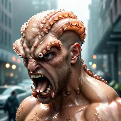 Portrait, octopus head, ((angry)), furious, humanlike face, male torso, vains showing, realistic, highly detailed, intricately detailed, skin pores, dystopian cityscape, foggy (bokeh:0.6), sharp focus, dappled lighting, (backlighting:0.7)