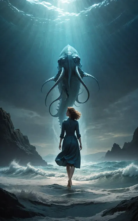 (clothed, masterpiece, wide angle, cinematic establishing shot, young adult european woman, highly detailed background:1.2), volumetric lighting, subsurface scattering, dynamic pose, (special effects, color grading, fantasy aura), (Abyssal Leviathan:1.4), Emerging from ocean depths, framed by towering waves, menacing presence (Layered Depth, Parallax Effect, Soft focus foreground:1.3),