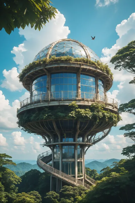 photograph, hyperrealism, cinematic color grading, steampunk, noon, blue sky, clouds, architecture, well-lit Gyaru Bird's nest observatory in a rainforest<lora:EnvyBetterHiresFixXL01:0:hr=1>