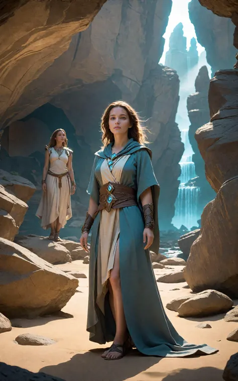 (clothed, masterpiece, wide angle, cinematic establishing shot, young adult european woman, highly detailed background:1.2), volumetric lighting, subsurface scattering, dynamic pose, (special effects, color grading, fantasy aura), (Elemental Geomancer:1.4), (Medium Covered Breasts:0.81), Rock formations, earthy robes, geomantic symbols, stone guardians (Layered Depth, Parallax Effect, Soft focus foreground:1.3),