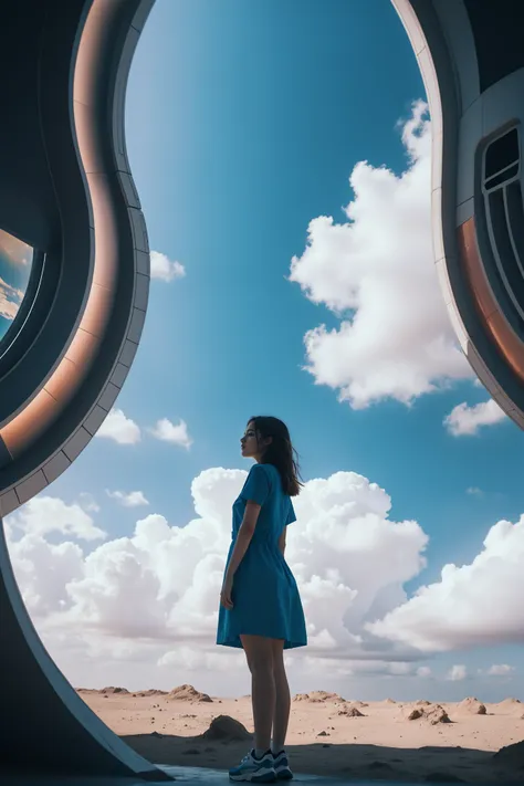 photograph, cinematic color grading, scifi, <lora:EnvySendNoodzXL01:-1>1girl, woman, beautiful, noon, blue sky, clouds, scenery, in a Nostalgic Phobos Shadow Zone<lora:EnvyBetterHiresFixXL01:0:hr=1>