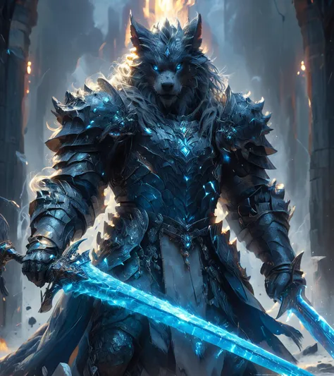 amazing fantasy cybernetic beast wolf warrior,black and blue,god,mayan style,detailed face,<lora:V2_Pony_Fantasy_Knights_-_By_HailoKnight:0.8>,<lora:Fantasy_Monsters_XL:0.8>,eldritch,beast,golem,insect,lich,dragon,elemental,fire,ice,wind,lightning,giant,katana,<lora:add-detail-xl:1>,<lora:ObsidianPlatinum:0.8>,ObsidianPlatinum,<lora:XL_Weapon_Dual_Swords_-_By_HailoKnight:0.8>,Dual Swords,