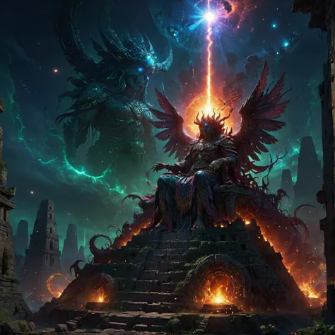 a massive wrathful angel sits on top of a giant fantasy Mayan stepped pyramid, during the solar eclipse, a conjunction of planets unleashes the portals to the underworld releasing a cthonic creature out of a portal in the sky, solar eclipse, uhd 8k hyper-realistic, colorful, intricate detail, fantasy, horror fantasy, in the style of the cthulhu mythos and akira kurosawa, <lora:detailed_notrigger:1>, <lora:SDXLFaeTastic2400:.35>, <lora:Vivid Midjourney mimic - XL SDXL v2.0:.8>, <lora:Into_Darkness:1>,