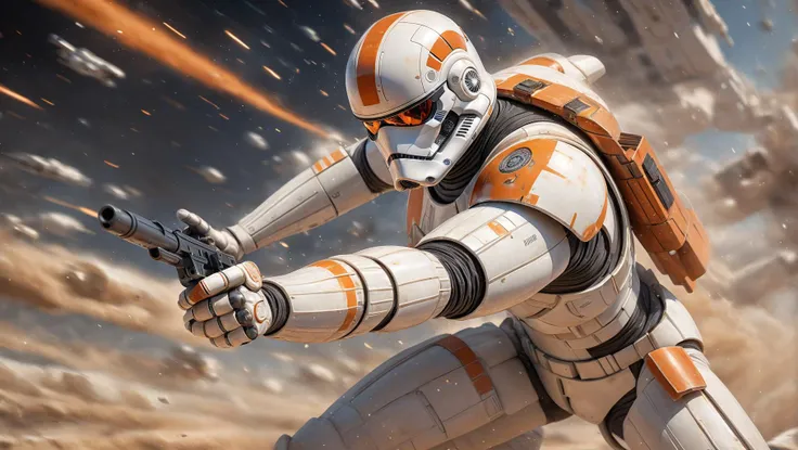 a realistic action shot of a white and orange Stormtrooper,wielding a white and orange assault rifle,aiming at the camera,reflective light,futuristic spacestation in background,HD,masterpiece,best quality,hyper detailed,ultra detailed,absurdres,colorful,huge filesize,<lora:add-detail-xl:1.5>,<lyco:EnvyActionShotXL01:1>,<lyco:EnvyBeginningOfTimeXL01:1>,