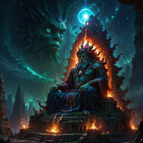 a massive Persian god of LAW sits on top of a giant fantasy Mayan stepped pyramid, during the solar eclipse, a conjunction of planets unleashes the portals to the underworld releasing a cthonic creature out of a portal in the sky, solar eclipse, uhd 8k hyper-realistic, colorful, intricate detail, fantasy, horror fantasy, in the style of the cthulhu mythos and akira kurosawa, <lora:detailed_notrigger:1>, <lora:SDXLFaeTastic2400:.35>, <lora:Vivid Midjourney mimic - XL SDXL v2.0:.8>, <lora:Into_Darkness:1>,