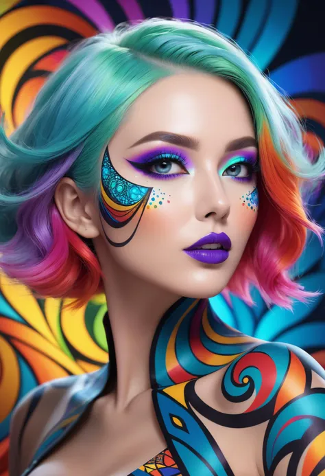1 girl, portrait, multicolored hair, face paint, fractal patterns, full lips, highly detailed. dynamic lighting, colorful, patterned background,