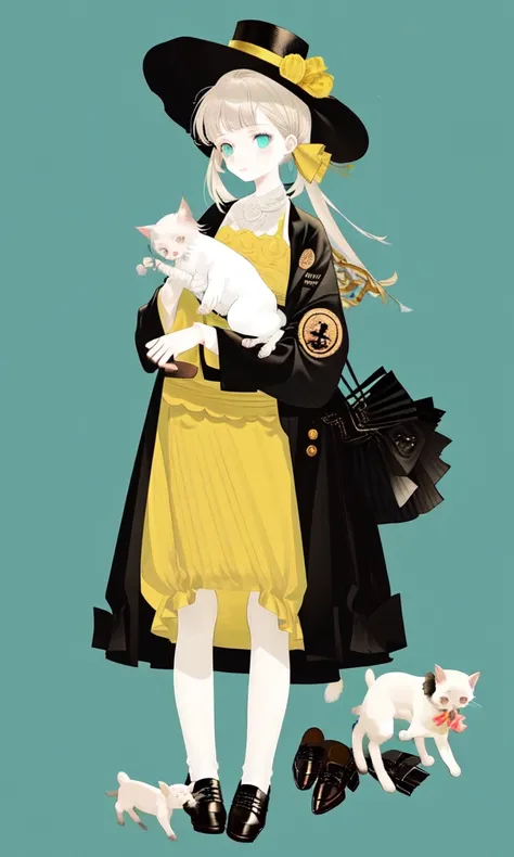 1girl, solo, hat, aqua_background, shoes,black jacket,yellow dress,simple_background,long white hair,cat, animal, 1girl, red_hair