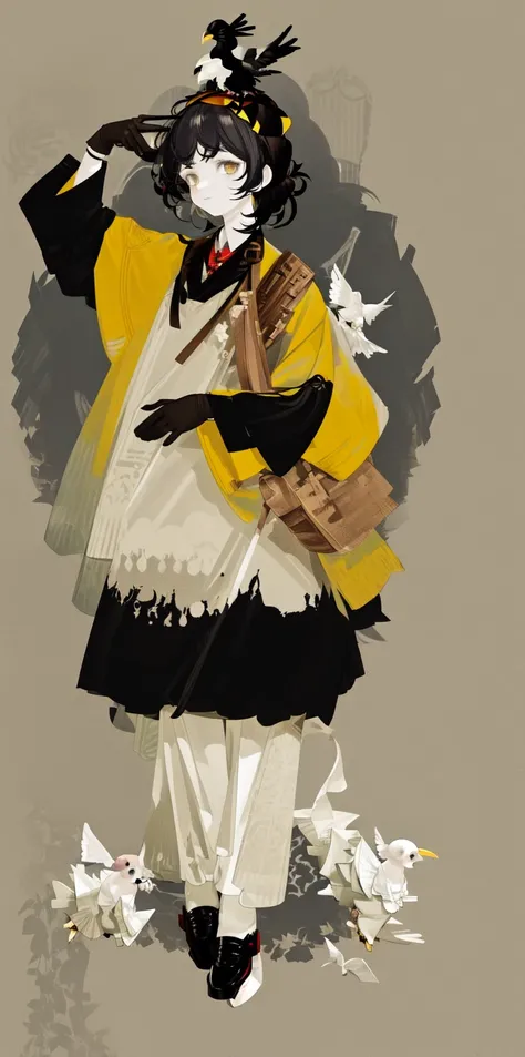 bird, bird_on_head, crow, black_hair, 1girl, animal_on_head, solo, gloves, on_head, animal
