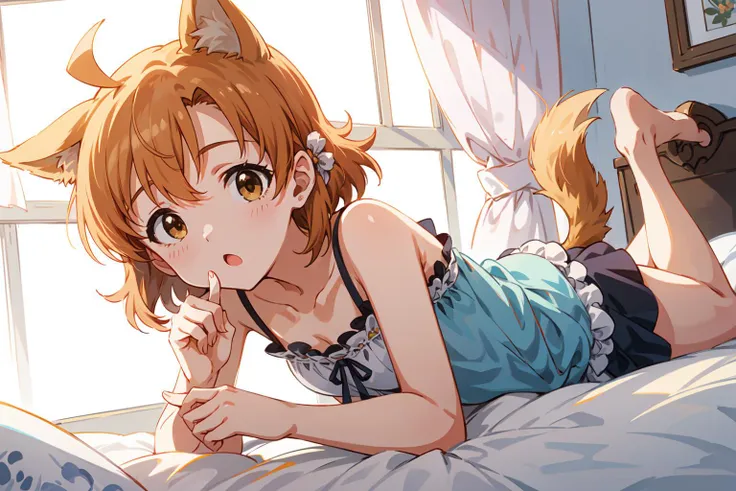 cowboy shot,cute, (kawaii girl:1.0),of 1 girl named Kana yabuki,****,teen_age,
kana yabuki \(million live\),<lora:Kana_Yabuki-000008:0.8>,:o,
(dog ears,droopy ears:1.2),dog tail,all fours,
bed room,on bed,(yellow camisole:1),sunset,
(pastel:1.2),(best quality,masterpiece,High Resolution:1.4),fine illustration, perfect anatomy,correct anatomy,hands finger 5 digits