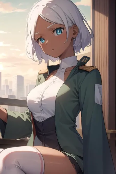 seceliadote, <lora:seceliatest:1>,
secelia dote, dark skin, dark-skinned female, (green eyes:1.5), short hair, white hair,
BREAK asticassia school uniform, green jacket, jacket, school uniform, shirt, shoulder boards, thighhighs, thighs, white shirt, white thighhighs,
BREAK looking at viewer,
BREAK indoors, classroom,
BREAK <lora:GoodHands-vanilla:1>, (masterpiece:1.2), best quality, high resolution, unity 8k wallpaper, (illustration:0.8), (beautiful detailed eyes:1.6), extremely detailed face, perfect lighting, extremely detailed CG, (perfect hands, perfect anatomy),