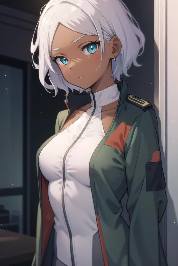 seceliadote, <lora:seceliatest:1>,
secelia dote, dark skin, dark-skinned female, (green eyes:1.5), short hair, white hair,
BREAK asticassia school uniform, green jacket, jacket, school uniform, shirt, shoulder boards, thighhighs, thighs, white shirt, white thighhighs,
BREAK looking at viewer,
BREAK indoors, classroom,
BREAK <lora:GoodHands-vanilla:1>, (masterpiece:1.2), best quality, high resolution, unity 8k wallpaper, (illustration:0.8), (beautiful detailed eyes:1.6), extremely detailed face, perfect lighting, extremely detailed CG, (perfect hands, perfect anatomy),