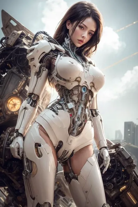 1mechanical_girl_with_kidou_keisatsu_patlabor_body , wearing_intricate_bioluminescent_mechanical_cyborg_armor_made_out_of ((white_beige_old_plastic)) , ((ultra realistic details)), detailed_face, global_illumination, shadows, octane_render, 8k, ultra_sharp, metal, ornaments_detailed,  cold_colors, egypician_detail, highly_intricate_details, realistic_light, trending_on_cgsociety, glowing_eyes,  look down on someone, ((from below)), lifted by self, looking at viewer, neon_details, machanical_limbs, blood_vessels_connected_to_tubes, ((lot_wires_and_cables_connecting_to_head_and_body)), killing_machine, extremely_sexy, lustful, medium breasts,  slutty , official wallpaper,    NSFW,  <lora:mecha_20230530090512-000003:0.6> <lora:droptop:0.3> <lora:more_details:0.4> <lora:nijiMecha:0.4>, In the style of Neon Genesis Evangelion, you find yourself standing on a desolate, post - apocalyptic wasteland, as the distant ruins of a massive city loom on the horizon. The sky is filled with ominous clouds, as a massive creature towers in the distance