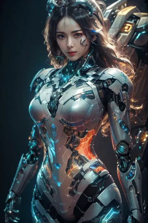 masterpiece,best quality,ultra-detailed,very detailed illustrations,extremely detailed,intricate details,highres,super complex details,extremely detailed 8k cg wallpaper,cowboy shot, caustics,reflection,ray tracing,demontheme,nebula,dark aura,cyber effect, (1girl:1.4),solo,alone,mecha musume,mechanical parts, robot joints,single mechanical arm, headgear, mechanical halo,star halo,intricate mechanical bodysuit, mecha corset, kimono, full armor, very long hair,white hair, hair between eyes, multicolored hair, colored inner hair, red eyes,glowing eye,eye trail, random expressions,random action, ancient japanese architecture,pond, starry sky,skyline,