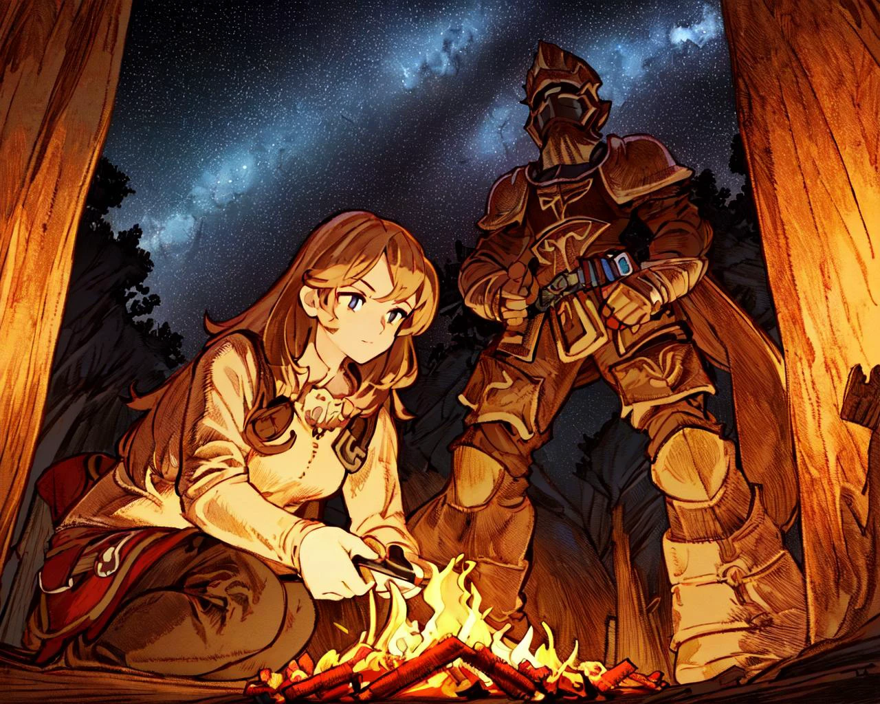 <lora:FFTJobs:0.8> group of adventurers setting up a campfire under a stary night,
(masterpiece), best quality, highres, 4k, 8k, Detailed Illustration, intricate detail, cinematic lighting, amazing quality, 1girl, fit female, amazing shading, soft lighting, facing camera, perfect eyes