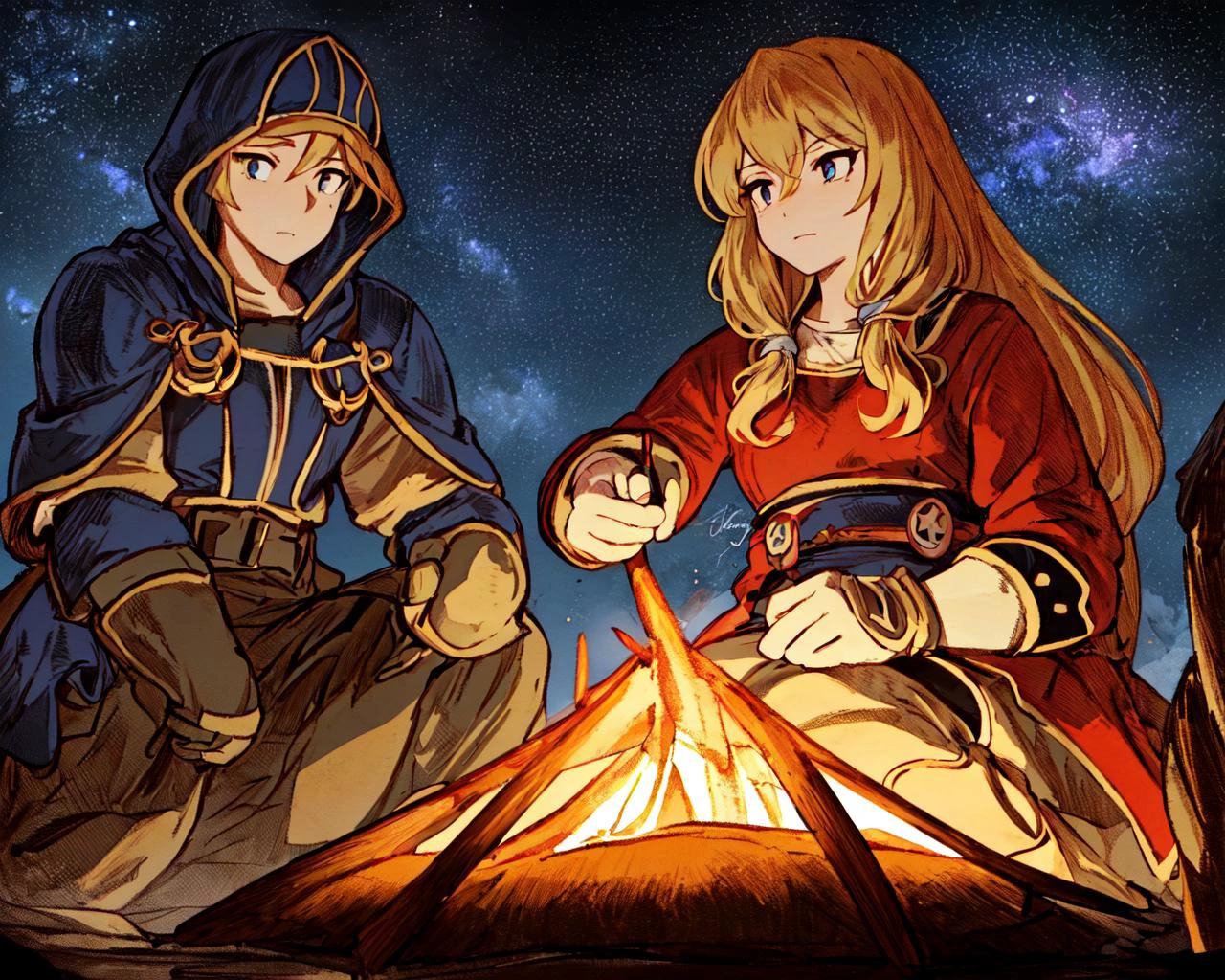 <lora:FFTJobs:0.8> group of adventurers setting up a campfire under a stary night,
(masterpiece), best quality, highres, 4k, 8k, Detailed Illustration, intricate detail, cinematic lighting, amazing quality, 1girl, fit female, amazing shading, soft lighting, facing camera, perfect eyes