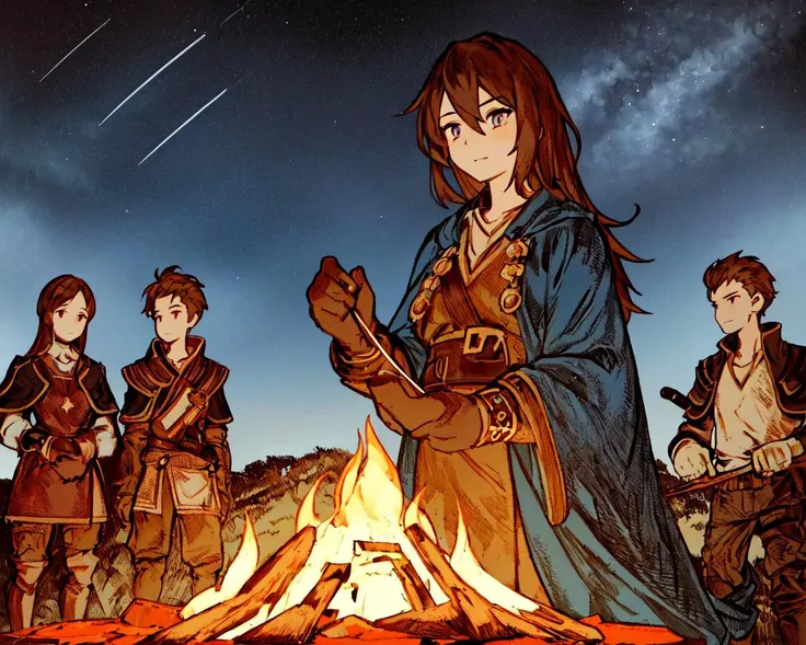 <lora:FFTJobs:0.8> group of adventurers setting up a campfire under a stary night,
(masterpiece), best quality, highres, 4k, 8k, Detailed Illustration, intricate detail, cinematic lighting, amazing quality, 1girl, fit female, amazing shading, soft lighting, facing camera, perfect eyes