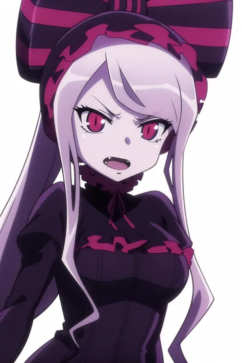 anime, hdr, soft light, ((best quality)), ((masterpiece)), (detailed), <lora:SHALLTEAR_V2:0.8> SHALLTEAR, fang out, ponytail, very long hair, hair bow, bonnet, purple dress, frills, long sleeves, looking at viewer, angry, open mouth, fang, upper body, simple background