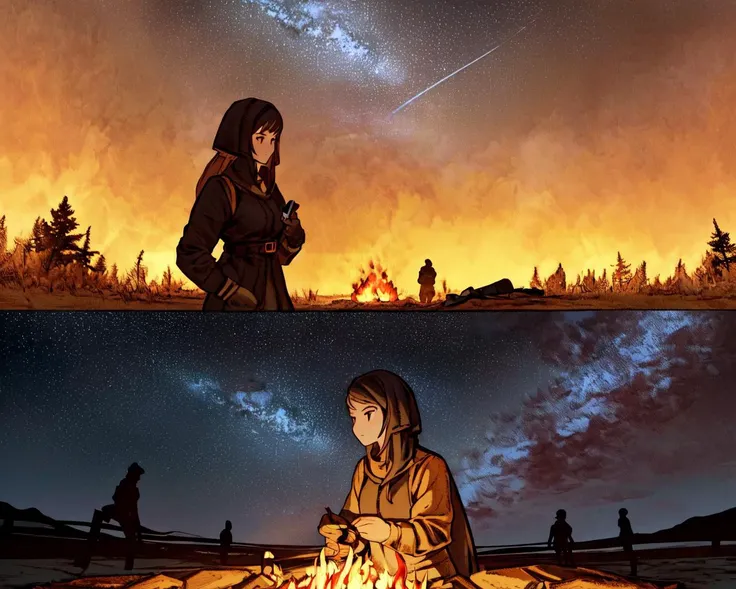 <lora:FFTJobs:0.8>  group of adventurers setting up a campfire under a stary night, 
(masterpiece),  best quality, highres, 4k, 8k, Detailed Illustration, intricate detail, cinematic lighting, amazing quality, 1girl, fit female, amazing shading, soft lighting, facing camera, perfect eyes