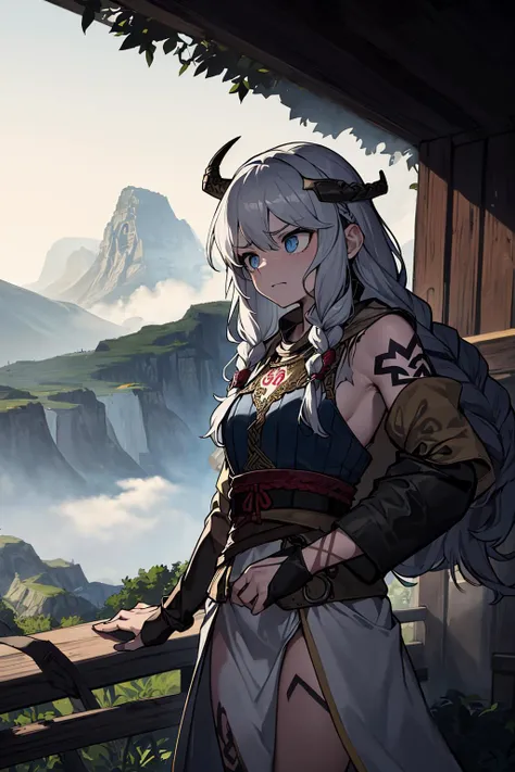 (best quality, masterpiece,absurdres), dramatic,
cowboy shoot,  girl ((viking):1.3), medieval, (([multiple braids|long|messy|gray hair]):1.1),  tribal tattoo, dirt skin, torn clothes,
power pose,  haughty expression, looking into the distance,,
fog, saturated colors, ultra detailed background, mountains on background,  <lyco:GoodHands-beta2:1.0>