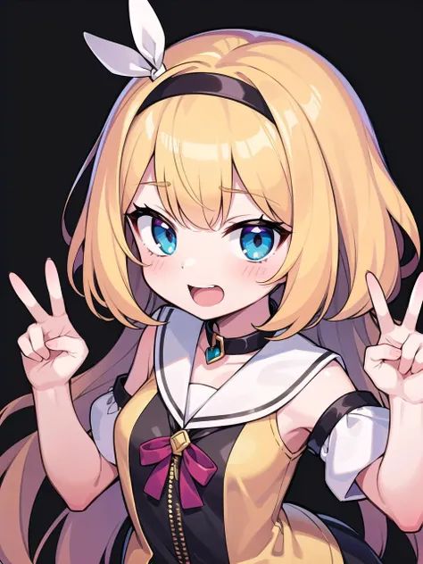 1girl, solo, ahegao, (double v:1.3), hand up, peace sign, cute