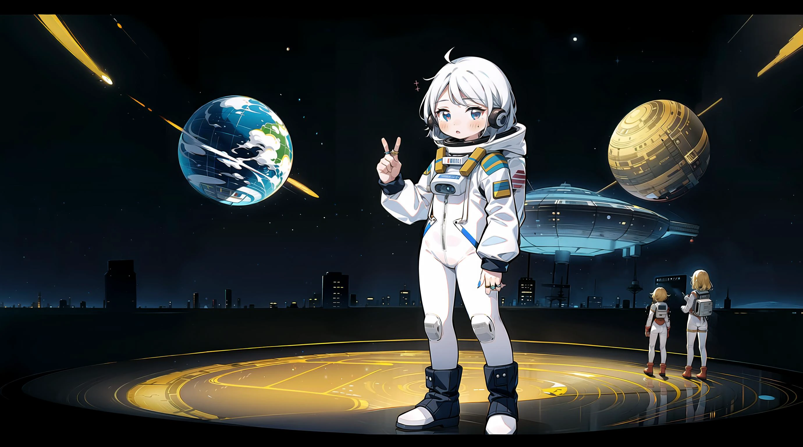 5girl, standing, <lora:shouhuiline:1>, standing, science fiction, spacecraft, spacesuit, fingernails, (v:1.1), city, street, reflective floor, planet, planetary ring, star \(sky\), galaxy, <lora:add_detail:1>