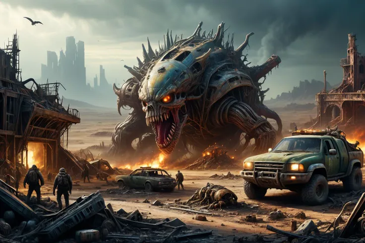 <lora:xl_more_art-full_v1:0.7>, (best quality:1.5), (hyperrealism:1.3), (intricate emotional details:1.5), (ultra detailed), (sharp focus), (sharp details), detailed digital illustration of a Post-apocalyptic wasteland with mutated creatures, <lora:EnvyDeepforgeXL01:1>