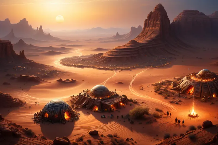 <lora:xl_more_art-full_v1:0.7>, (best quality:1.5), (hyperrealism:1.3), (intricate emotional details:1.5), (ultra detailed), (sharp focus), (sharp details), detailed digital illustration of a Desert planet with nomadic tribes, <lora:EnvyDeepforgeXL01:1>