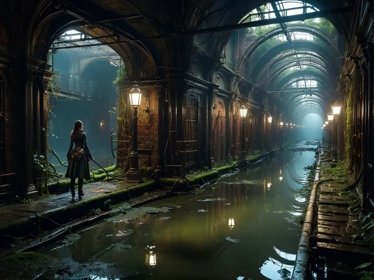 woman walking, steampunk, inside the endless maze of ancient flooded sewers in the old part of the city. fantasy art, (underground:1.43), adventure, wet, standing water, channel, canal, muck, mud, stagnant water, stream, channel, musty, moss, sewage, darkness, (underground:1.43), catacombs, abandoned spaces, torchlight. piranesi and william roger dean.  toon shader.  + octane render + unreal engine 5 + vray + by syd mead + loish + wlop + artgerm + mike mignola + paul lehr  + moebius <lora:d\EnvyHazeSliderXL01:1> haze <lora:EnvyDeepforgeXL01:0.8> <lora:aesthetic:1> aesthetic <lora:great_lighting:1> great lighting <lora:sd_xl_dpo_lora_v1:1>