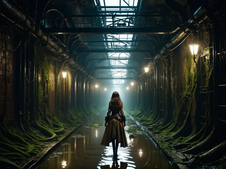 woman walking, steampunk, inside the endless maze of ancient flooded sewers in the old part of the city. fantasy art, (underground:1.43), adventure, wet, standing water, channel, canal, muck, mud, stagnant water, stream, channel, musty, moss, sewage, darkness, (underground:1.43), catacombs, abandoned spaces, torchlight. piranesi and william roger dean.  toon shader.  + octane render + unreal engine 5 + vray + by syd mead + loish + wlop + artgerm + mike mignola + paul lehr  + moebius <lora:d\EnvyHazeSliderXL01:1> haze <lora:EnvyDeepforgeXL01:0.8> <lora:aesthetic:1> aesthetic <lora:great_lighting:1> great lighting <lora:sd_xl_dpo_lora_v1:1>