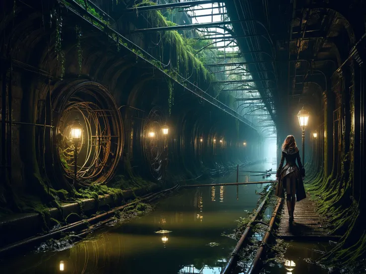 woman walking, steampunk, inside the endless maze of ancient flooded sewers in the old part of the city. fantasy art, (underground:1.43), adventure, wet, standing water, channel, canal, muck, mud, stagnant water, stream, channel, musty, moss, sewage, darkness, (underground:1.43), catacombs, abandoned spaces, torchlight. piranesi and william roger dean.  toon shader.  + octane render + unreal engine 5 + vray + by syd mead + loish + wlop + artgerm + mike mignola + paul lehr  + moebius <lora:d\EnvyHazeSliderXL01:1> haze <lora:EnvyDeepforgeXL01:0.8> <lora:aesthetic:1> aesthetic <lora:great_lighting:1> great lighting <lora:sd_xl_dpo_lora_v1:1>