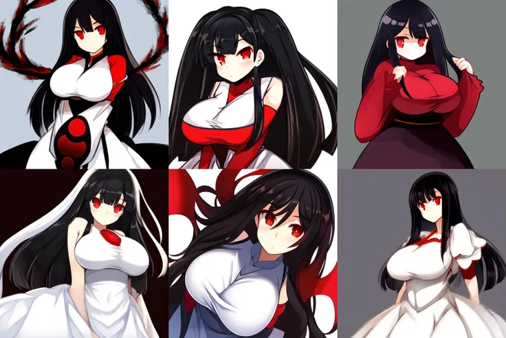 <lora:kurasukeepoch-000003:1>, 1girl, mature, black hair, red eyes, large breasts:1, white dress, simple background,