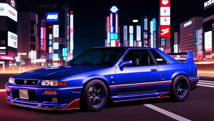 a nissan skyline r 3 2 drifting in the japanese streets at night, 3 d render, realism, octane render, synthwave, highly detailed