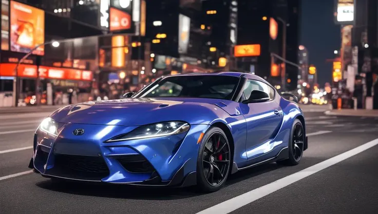 still of a toyota supra on the road in New York, action shot, 85mm, night city, anime, cell shaded, in the spotlight