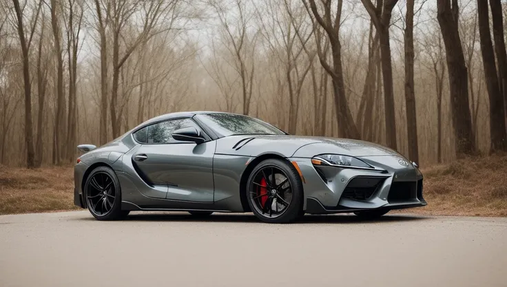 A Toyota supra parked in a road with trees, Winter season, Epic photography, taken with a Canon DSLR camera, 50 mm, depth of field