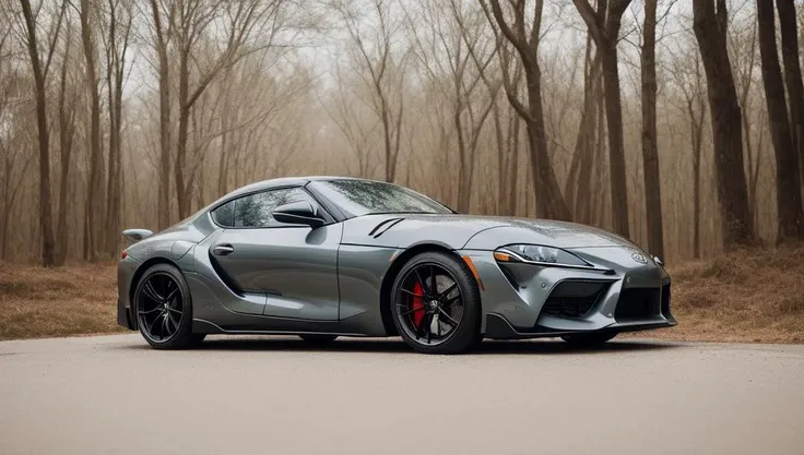 A Toyota supra parked in a road with trees, Winter season, Epic photography, taken with a Canon DSLR camera, 50 mm, depth of field