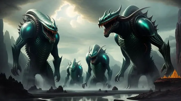 Giant monstrous aliens, volumetric lighting, concept art, smooth, sharp focus, 8k octane beautifully detailed render, post-processing, extremely hyperdetailed, intricate, epic composition, grim yet sparkling atmosphere, cinematic lighting + masterpiece, trending on artstation, very detailed, vibrant colors