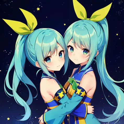 near_noah_sdvx, 2girls, (blue hair), (star \(symbol\)), (sleeves past wrists), green hairband, green ribbon, long hair, thick eyebrows, ponytail, sisters, hug, siblings, <lora:nearnoahLora-10:0.4>