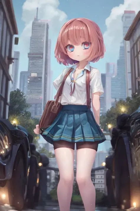 A woman in a skirt and a white shirt standing on a city street - SeaArt AI