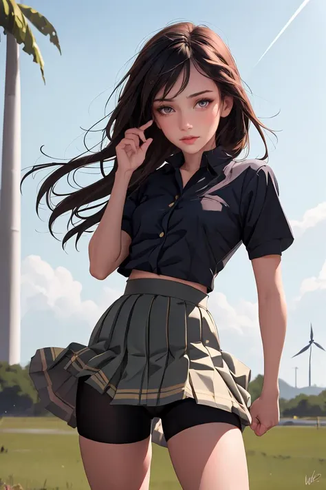 (masterpiece, best quality),1girl, beautiful face, <lora:bike_shorts_wo_bike:1> bkshrt, bkshrtus, short skirt,  wind lift, pleated skirt,