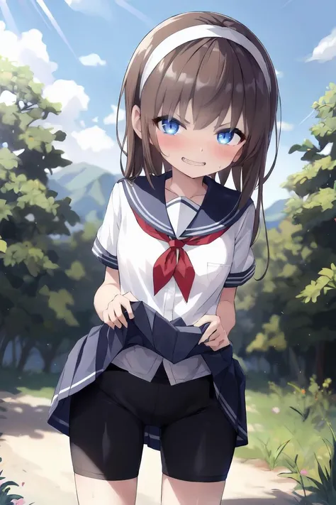 1girl, bangs, black_shorts, blue_eyes, blue_sailor_collar, blue_skirt, blue_sky, blush, brown_hair, bush, clenched_teeth, clothes_lift, cloud, cloudy_sky, collarbone, cowboy_shot, day, eyebrows_visible_through_hair, grass, grin, hairband, lifted_by_self, looking_at_viewer, neckerchief, outdoors, pleated_skirt, sailor_collar, school_uniform, serafuku, shirt, short_sleeves, shorts, shorts_under_skirt, skirt, skirt_hold, skirt_lift, sky, smile, solo, sweat, teeth, tree, white_shirt,
<lora:bike_shorts_wo_bike:0.5>bkshrtus,bike shorts,