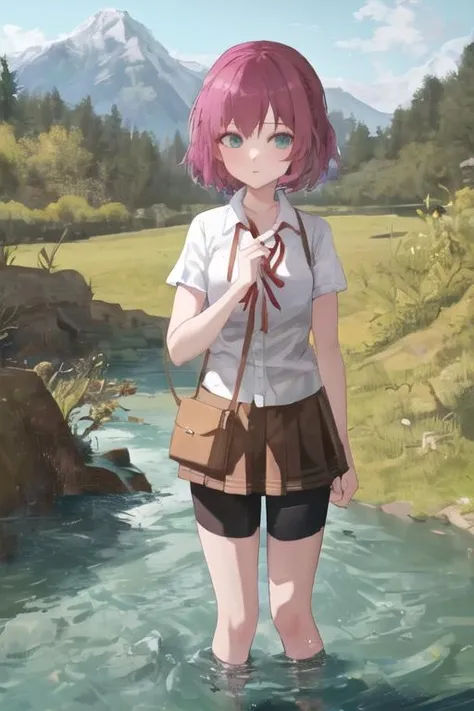 1girl, bkshrtus, short skirt, , short hair, , standing, mountain, river <lora:bike_shorts_wo_bike:1>