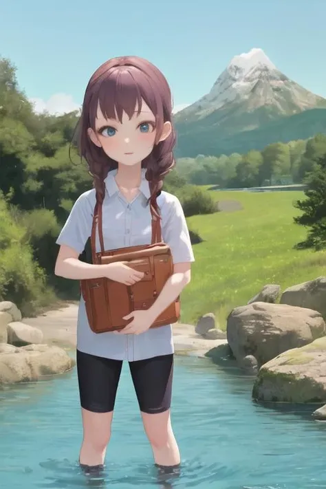 1girl, bkshrt, child, , , standing, mountain, river <lora:bike_shorts_wo_bike:1>