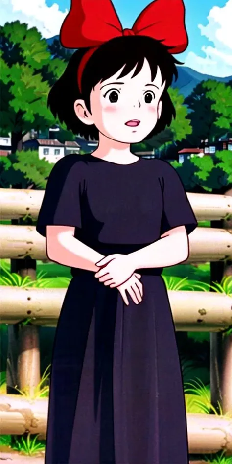 (((Ultra-HD-realistic-details))) 1girl, outdoors, solo, little-child, cutesie <lora:qiqi:.8> kiki, red-bow, bow, hair-bow, short-hair, black-hair, black-dress, black-eyes, hairband, brown-hair