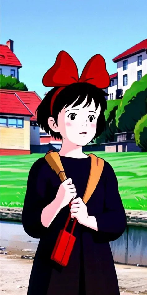 (((Ultra-HD-realistic-details))) 1girl, outdoors, solo, little-child, cutesie <lora:qiqi:.8> kiki, red-bow, bow, hair-bow, short-hair, black-hair, black-dress, black-eyes, hairband, brown-hair