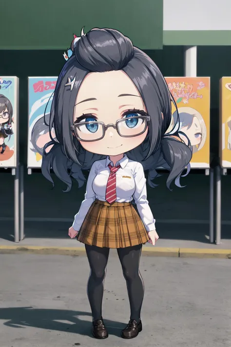 absurdres, high detail, uhd, comiket, crowd, tile_road,
standing, holding billboard, smile,
solo, (chibi:1.2), marian, forehead, black-framed eyewear, school uniform, hair ornament, white shirt, collared shirt, red necktie, striped necktie, long sleeves, orange skirt, plaid skirt, black pantyhose, loafers
<lora:MGCM-marianne-t1-000100:0.7>