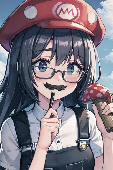 absurdres, high detail, uhd, outdoors, sky, upper body, 
smile, holding mushroom, 
marian, black-framed eyewear, fake mustache, mario hat, mario overalls,
<lora:MGCM-marianne-t1:0.7>