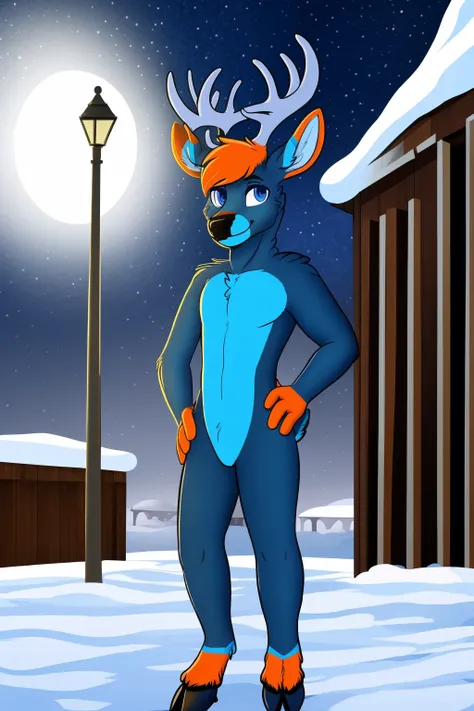 masterpiece, best quality, 1boy, meeker, blue eyes, antlers, orange hair, blue furr, furry,  deer, snout, full body,  solo, smile, looking at viewer, hands on hips, standing, snow, night, tokyo street background <lora:MeekerFurryrock:1>