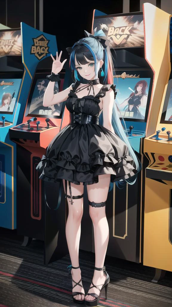 woman posing for a photo,good hand,4k,high-res,masterpiece,best quality,head:1.3,((Hasselblad photography)),finely detailed skin,sharp focus,(cinematic lighting),collarbone,night,soft lighting,dynamic angle,[:(detailed face:1.2):0.2],((full body:1)),1girl,
virtualgirl-riz with a gravure pose at a arcade standing , in crowded decorated video game arcade with ((intricate detailed posters on the blue walls)), detailed video game screens displaying pixel graphics, ((many detailed arcade machines)), detailed joysticks, detailed skin  looking defiant at the viewer ready and waiting for sex,with a naughty smile,   ((black:1.5) high heel ), .   <lora:Arcade:1> , arcade cabinet,   <lora:VirtualGirl-Riz:0.3>, , tall, happy, smile, cool, big breasts, ponytail, very long hair, red hair, blue highlights, green eyes, earrings,  <lora:edgGothGal_MINI:1> GothGal, wearing a GothGal outfi, dress, ribbon, frills,