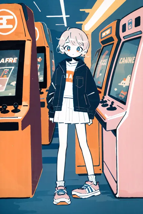 masterpiece, best quality, <lora:keke:1> <lora:epiNoiseoffset_v3:1> <lora:add_detail:0> <lora:GoodHands-vanilla:1>, symbol-shaped pupils, colorful, flat color, (1girl), (solo), looking at viewer, facing viewer, full body, landscape, casual, arcade, arcade cabinet, <lora:Arcade-10:0.6>